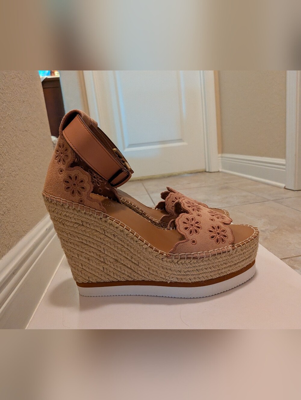 See By Chloe Pink Floral Espadrille Wedge Sandals - Picture 3 of 5